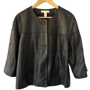 Chicos Black Leather Snap Front Swing Coat Size Small (1)